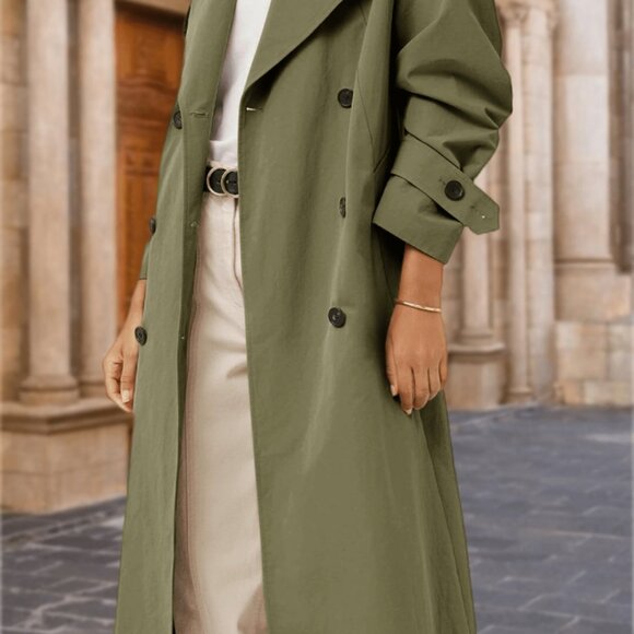 Green Casual Women's Oversized Belted Long Trench Coat - Picture 3 of 5